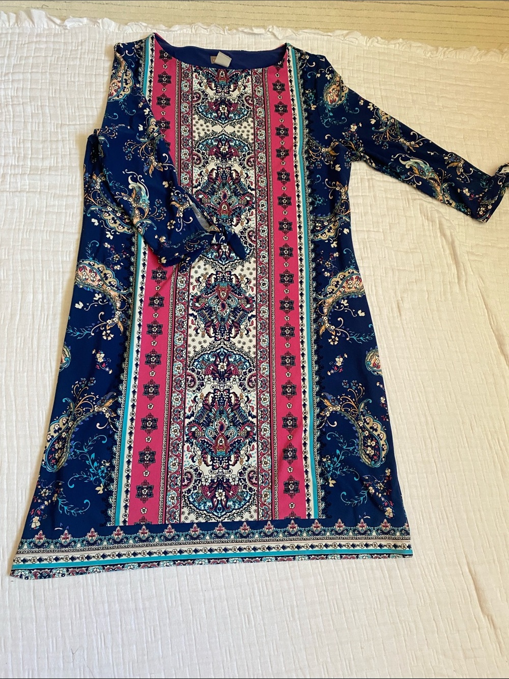 CHICO’S Navy and Pink  3/4 Sleeves Paisley Print Shift Dress